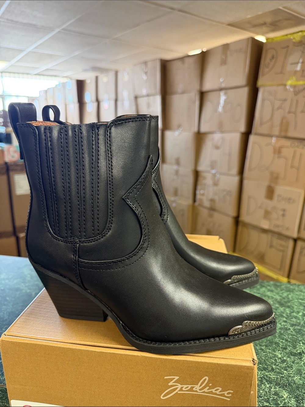 Zodiac Black Leather Western-Inspired Ankle Boots